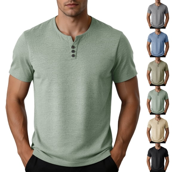 PNTUTB Summer Tops for Men Button-Down V-Neck T-Shirt Solid-Color Casual Loose Comfortable Breathable Versatile Short-Sleeve T-Shirts