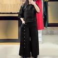 thumbnail image 3 of Travel Outfits for Women New Womens Spring and Summer Casual Round Neck Short Sleeved Tops Wide Leg Pants Solid Color Pocket Pants Set Black 3XL, 3 of 7