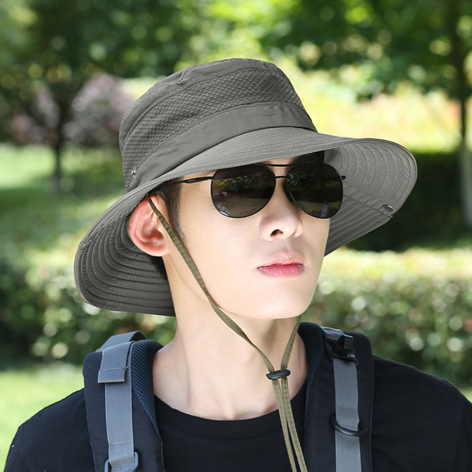 Men Sun Hat Solid Color Wide Brim Fasten String Sunscreen Adjustable String  Beach Hat Summer Head Supply