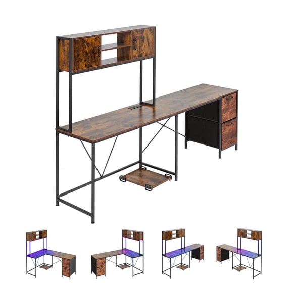L-Shaped Gaming Desk 62.2", Reversible Corner Desk with LED, Power Outlet, CPU Stand & Drawers, Modern PC Gaming Table for Home Office