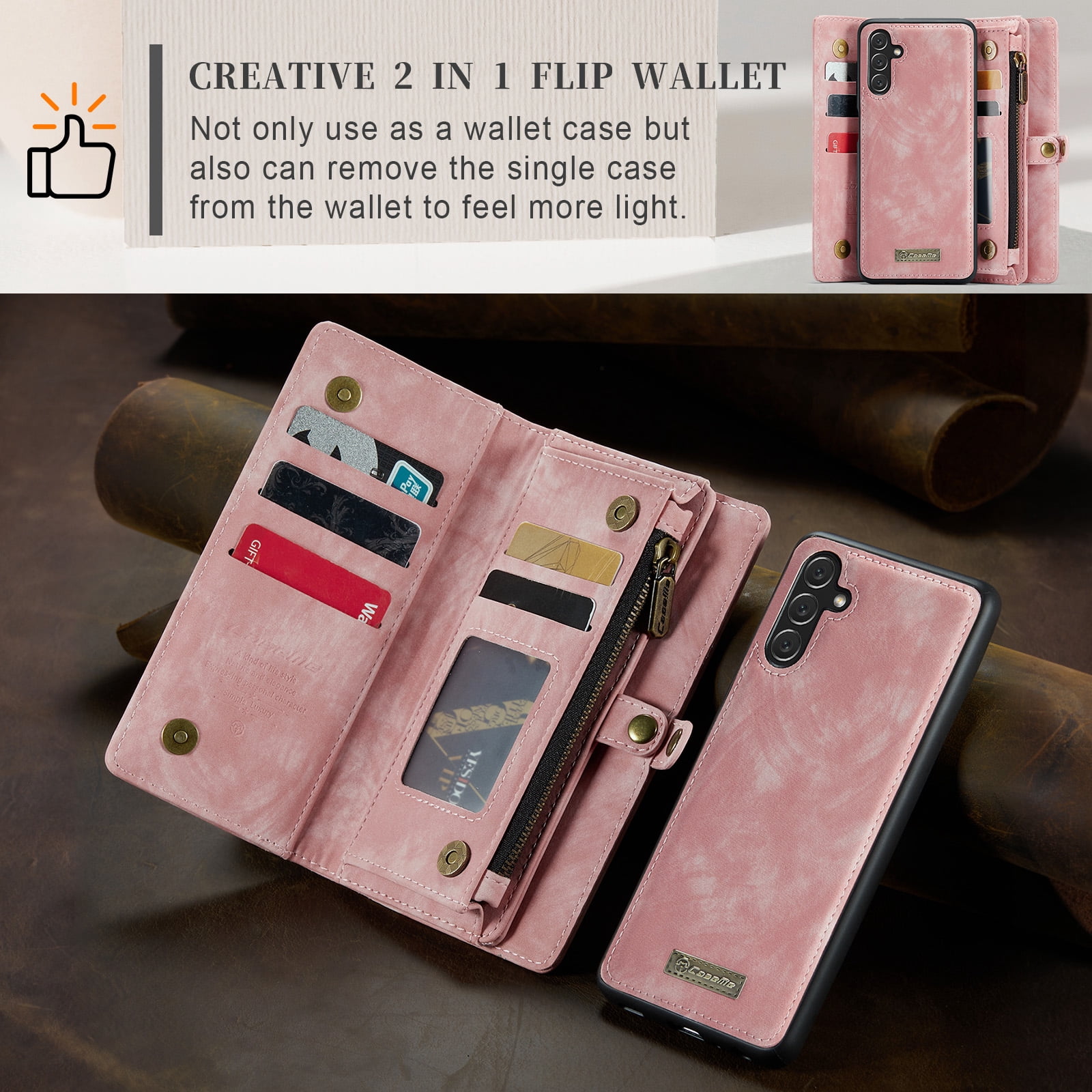 for Samsung Galaxy A16 5G/4G Premium PU Leather Folding Case, Multiple Card Slots Design, Wrist Strap Zipper Pocket Kickstand Magnetic Snap, Wireless Charging for Samsung Galaxy A16 5G/4G, Pink