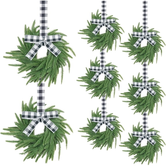 Guvpev 8Pack Christmas Norfolk Pine Wreaths - 7.8" Mini Cabinets Wreaths for Kitchen with Bow Ribbon Real Touch Norfolk Pine Decorative Hanging Greenery Wreath for Front Door Mantel Window Xmas Decor
