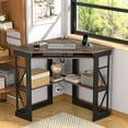 thumbnail image 2 of VECELO Corner Computer Desk with Charging Station, 90 Degree Triangle Writing Study Table with Keyboard & Storage Shelves for Small Space, Brown, 2 of 11