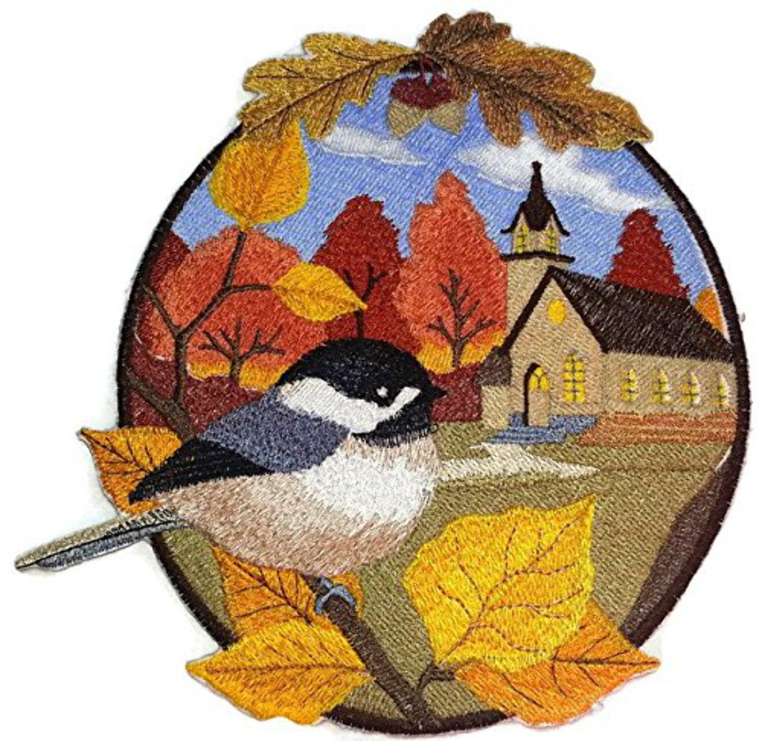 BeyondVision Custom and Unique Country Autumn Chickadee and Church Embroidered Iron on/Sew Patch [6.91" 7.2"]