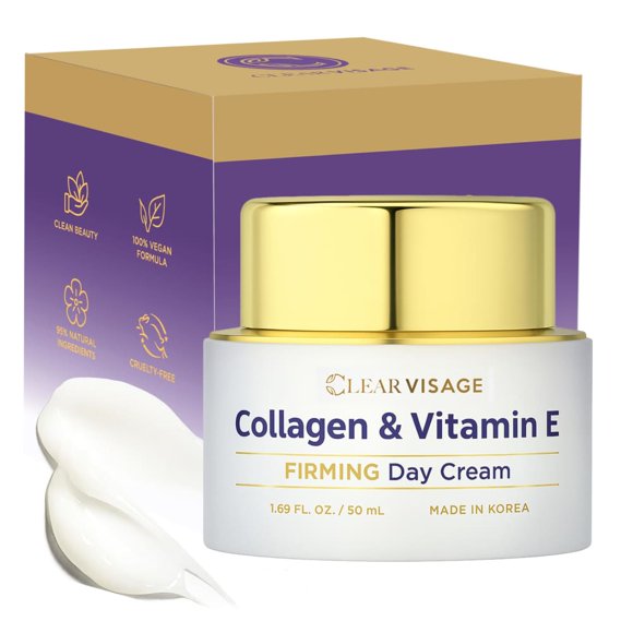 Clear Visage- Crema de día con colágeno y vitamina E: hidratante, antienvejecimiento, mejora la elasticidad y las líneas finas. Cuidado de la piel coreano libre de crueldad y probado por dermatólogos