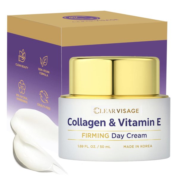 Clear Visage- Crema de día con colágeno y vitamina E: hidratante, antienvejecimiento, mejora la elasticidad y las líneas finas. Cuidado de la piel coreano libre de crueldad y probado por dermatólogos