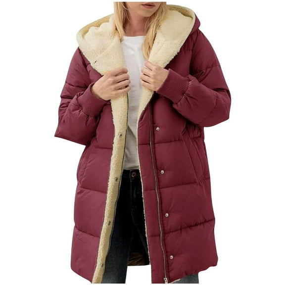 VONCOS Winter Coat for Women Warm Plush Fleece Jacket Hooded Faux Fur Coat Long Trench Coat