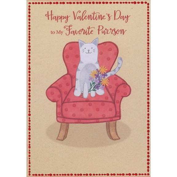 Designer Greetings White and Gray Cat Sitting on Chair: Purple and Yellow Flowers Valentine's Day Card from Cat