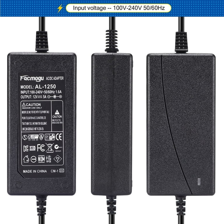 Facmogu 12V 5A Power Adapter AC 100-220V to DC 60W Power Supply US Plug Switching PC Power Cord for LCD Monitor LED Strip Light DVR NVR Security