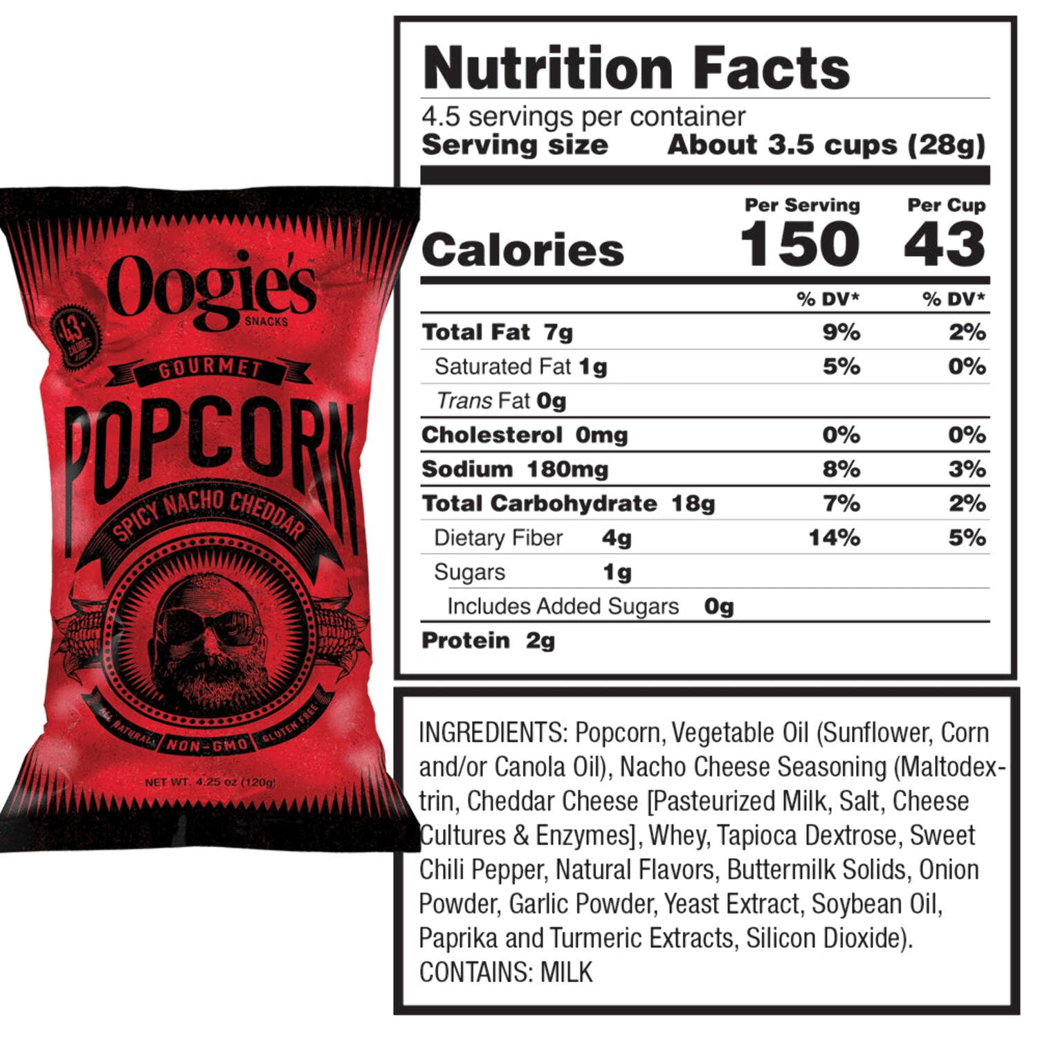 Oogie’s Snacks Gluten-Free Spicy Nacho Cheddar Popcorn, 4.25 oz Big Bags (4 Count)