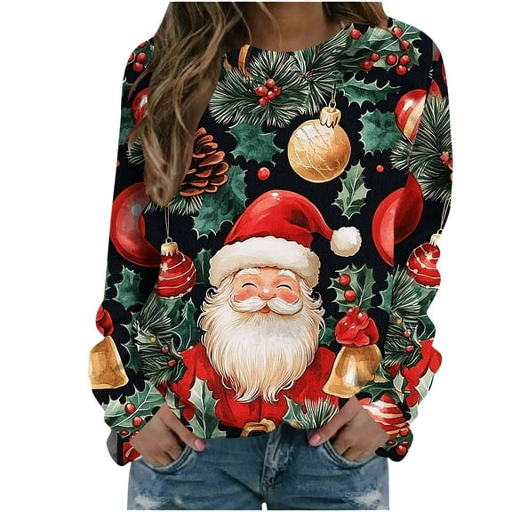 Women's Christmas Sweatshirts Casual Merry Holiday Long Sleeve Shirts Fashion Xmas Cartoon Printed Blouses Womens Comfortable Crewneck Sweaters Pullover Tops