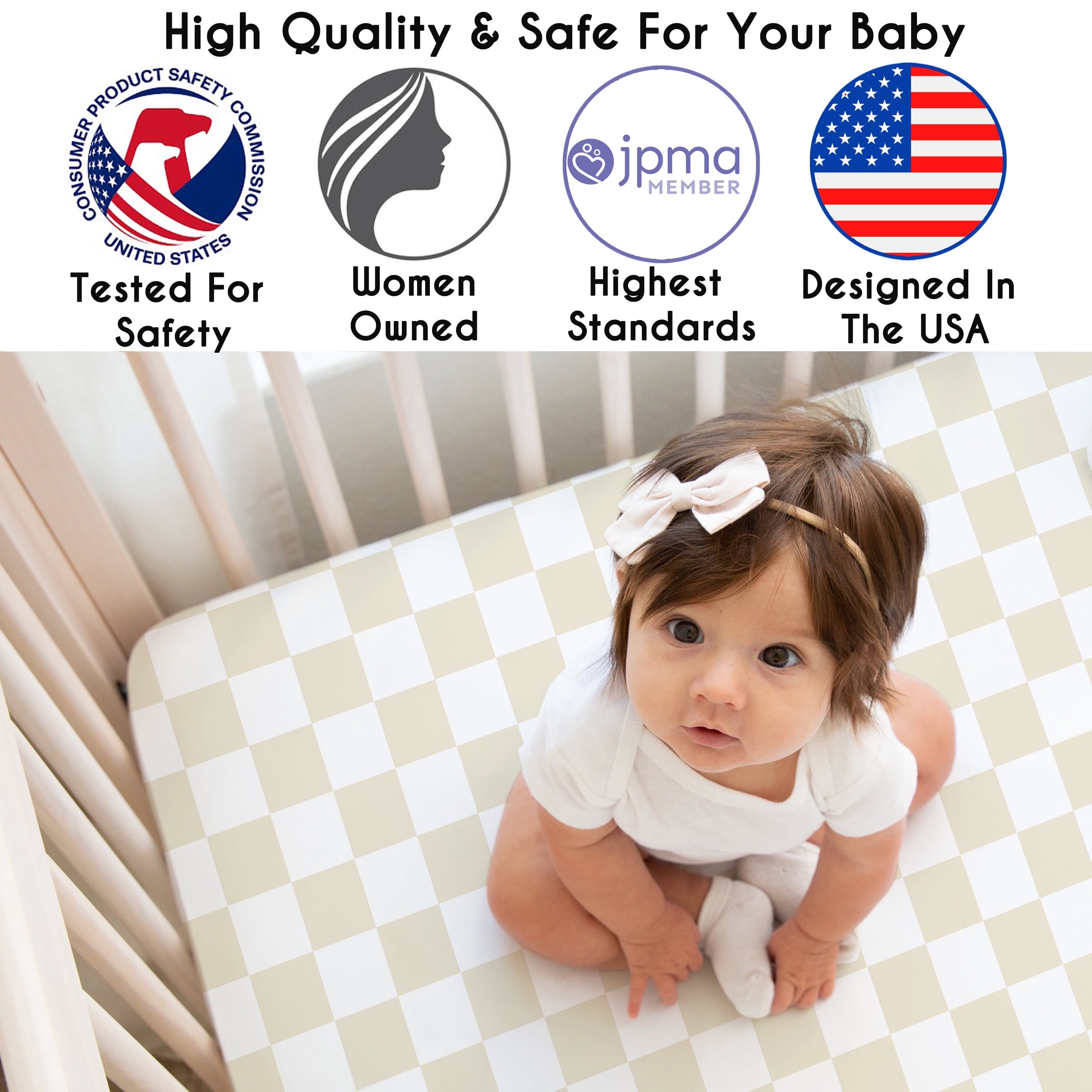 Sweet Jojo Designs Gingham Checkered Plaid Taupe and White Boy, Girl, Unisex/Gender Neutral Fitted Crib Sheet