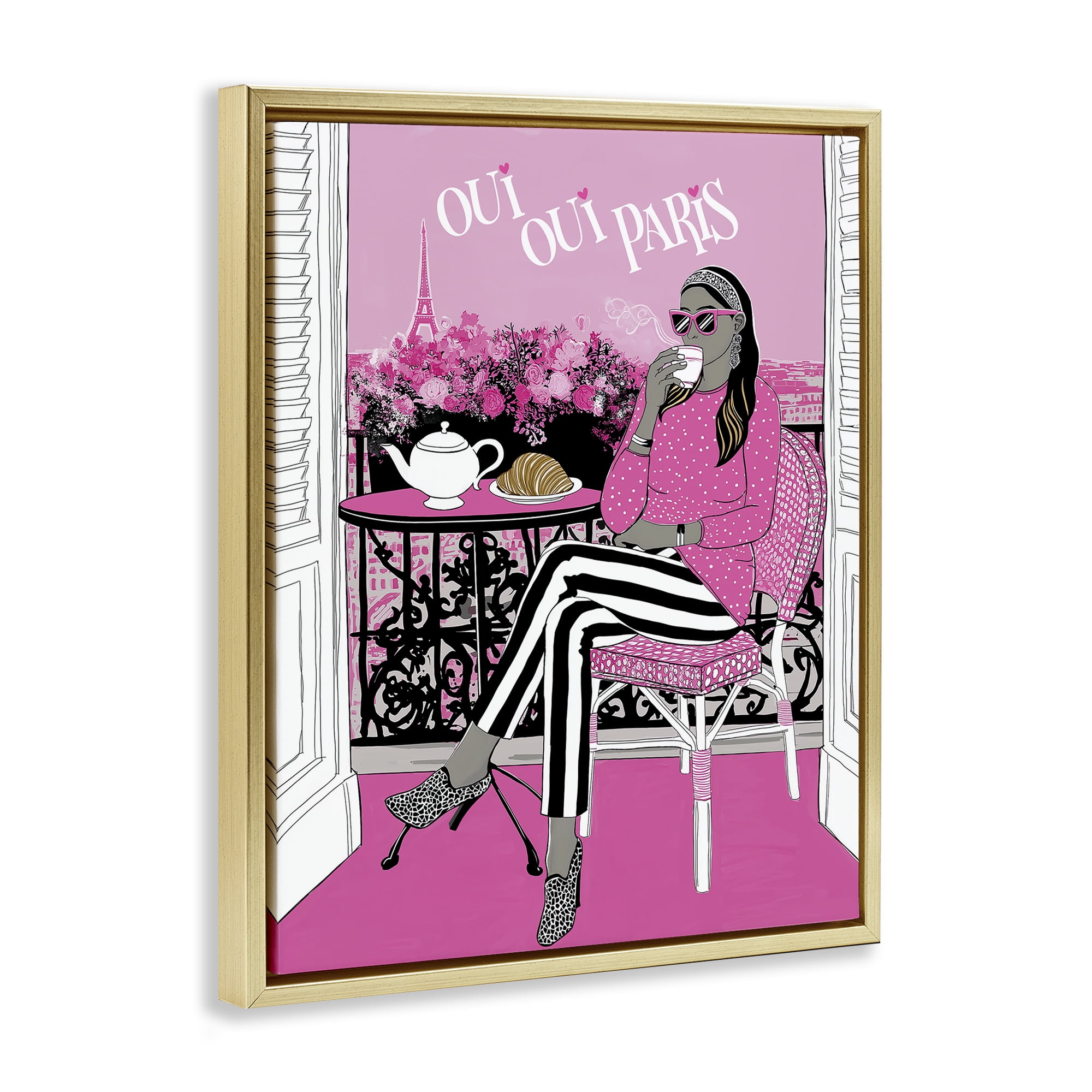 Stupell Industries Oui Oui Parisian Cafe Morning Gold Framed Floater Canvas Wall Art, design by Jess Stempel