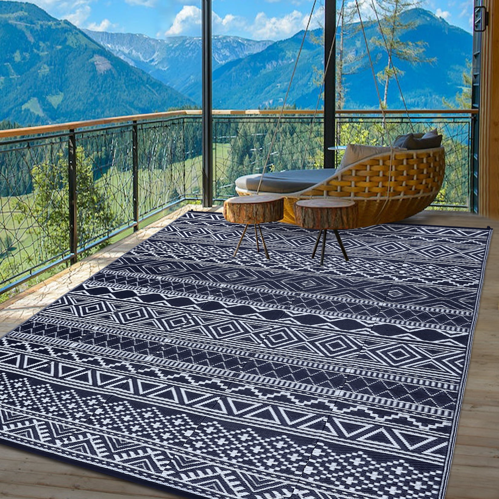 Waterproof Outdoor Rug Modern Patio Plastic Straw, Stain-Resistant Reversible RV Mat, Geometric Indoor Outdoor Carpet for Patio Camping Backyard Deck Garden