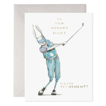 Happy Retirement Card - "The New Monday Blues" Golfing Rabbit Design - Blank Inside with Envelope - Perfect for Congratulating Retirees