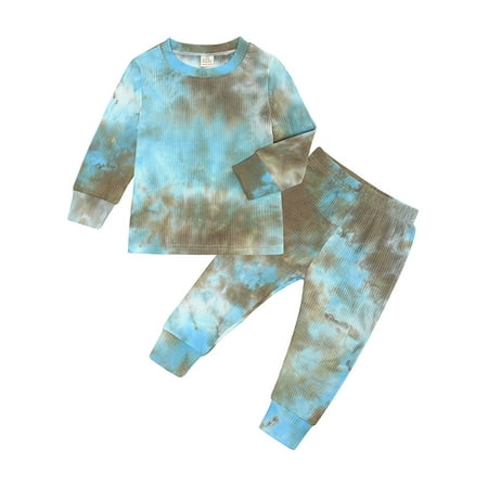 

Honeeladyy Winter Newborn Child Clothes Autumn Winter Girls Boys Tie-dye Ribbed Long-sleeved Pants Outfit Suit Infant Clothing Set Sky Blue Clearance under 5$