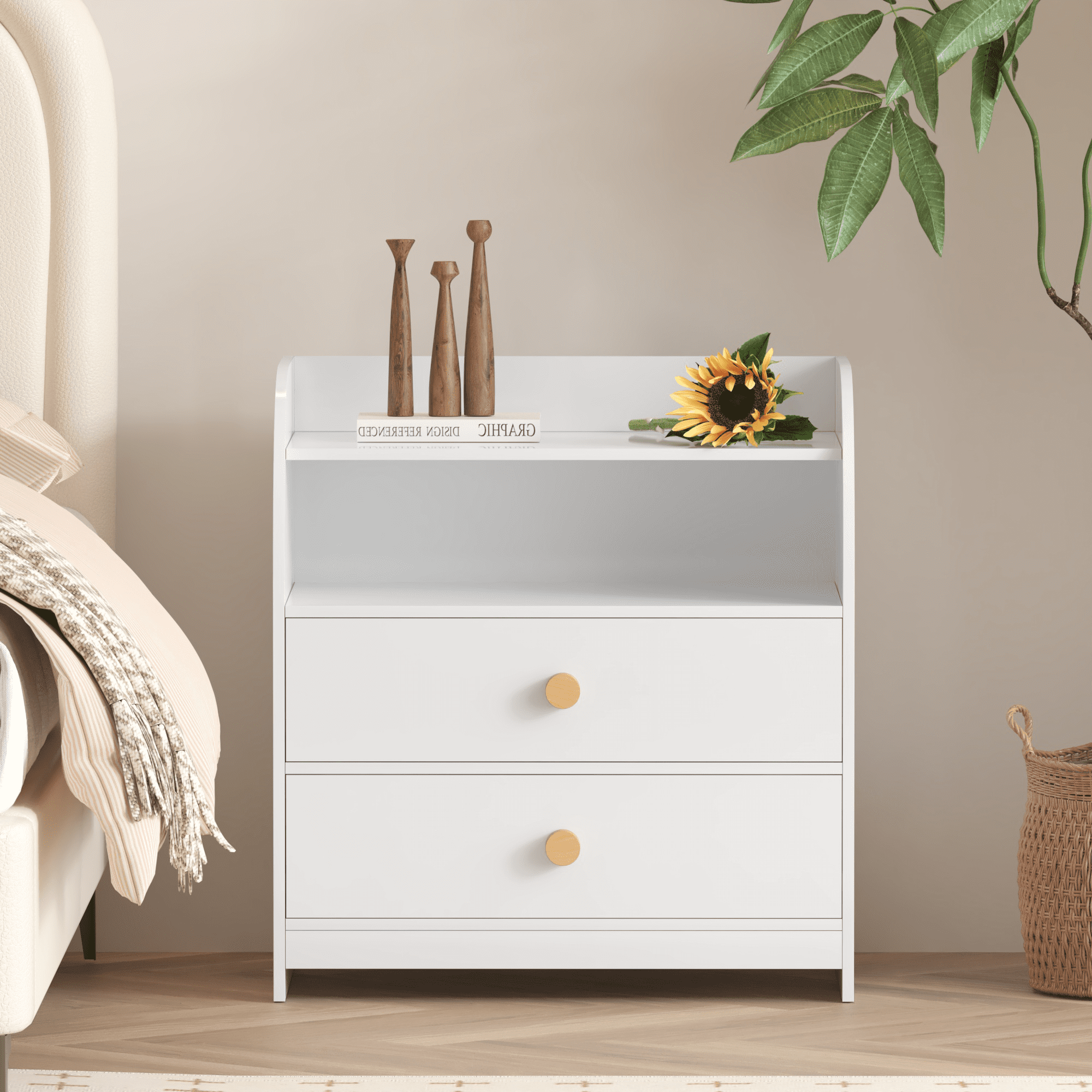 White MDF Nightstand with Curved Side Panels 2 Drawers Open Shelf Bedside End Table Storage