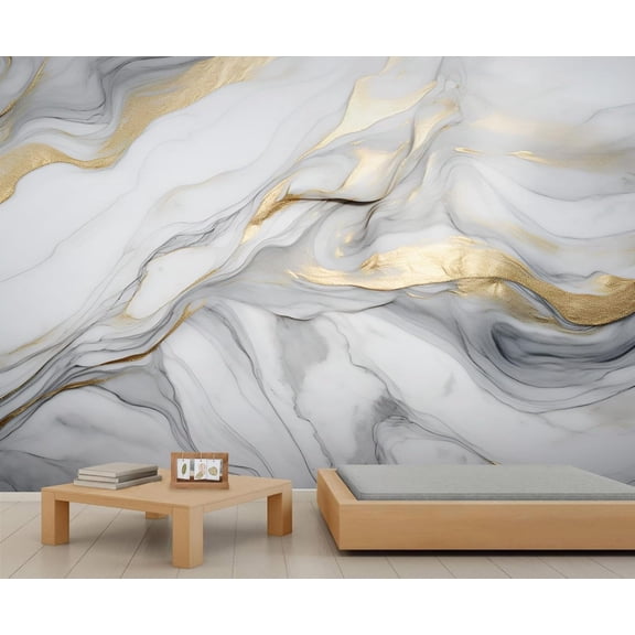 Modern Grey And White Rendered Marble Wall Mural, Abstract Gold Foil Art Photo Large Removable Wallpaper Mural Wall Decor For Bedroom Office Living Room 55"W x 28"H (Not Peel and Stick)