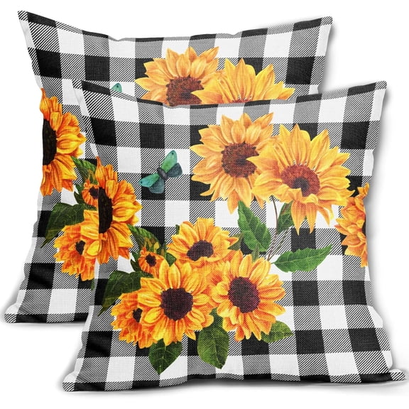 Sunflower Pillow Covers 18x18 Set of 2 Summer Flower Black Buffalo Plaid Yellow Floral Throw Pillows Farmhouse Outdoor Decorative Pillowcase Linen Square Cushion Cover for Home Couch Bed