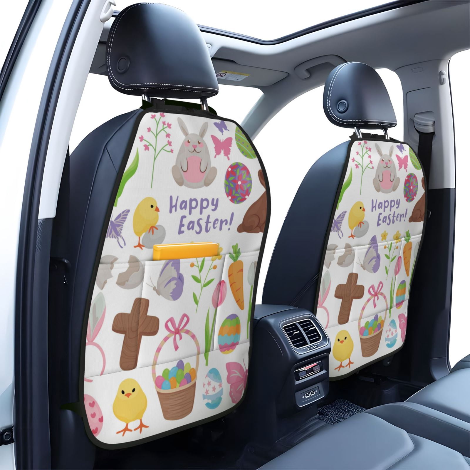 Kdxio Happy Easter1 Print 2 Pack Car Kick Mat Seat Cover Back Protector Mat with Pockets for Organizer Backseat Protector and Storage Anti Kick Pad for Vehicles