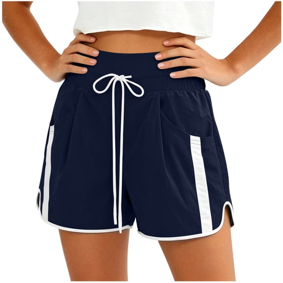RQYYD Women's High Waist Striped Running Shorts Elastic Drawstring Sport Casual Summer Lightweight Pants with Pockets