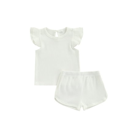 

Musuos 2Pcs Baby Girl Ribbed Knit Ruffle Sleeve Shirt Tops Elastic Shorts Pants