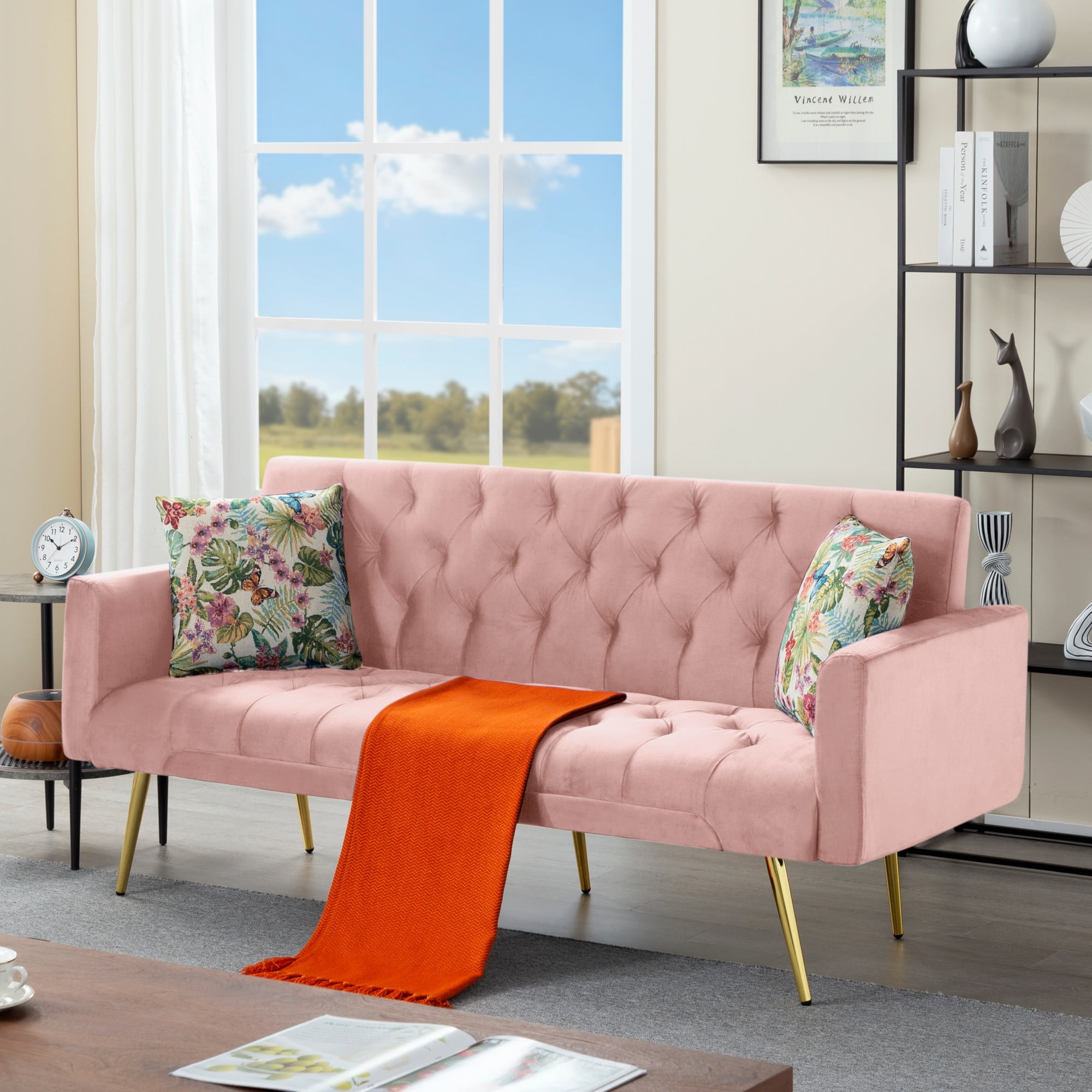 Gewnee Pink 68.31" Futon Sofa Bed, Solid Eucalyptus Wood Frame, Golden Metal Legs, 5 Adjustable Backrest, 2 Pillows for Home Office Guest Room