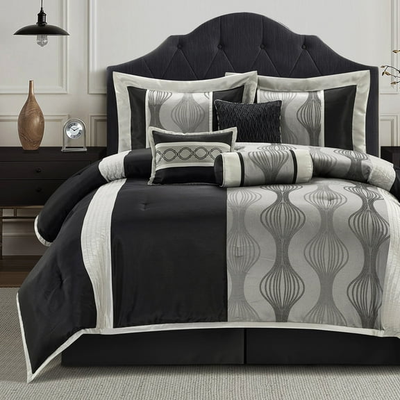 Lanco Elegant Black and Silver Comforter Set California King Size, Striped, 7 Pieces Bedding & Collection, Jacquard All Season Comforter & Pillows, Ultra-Soft Microfiber