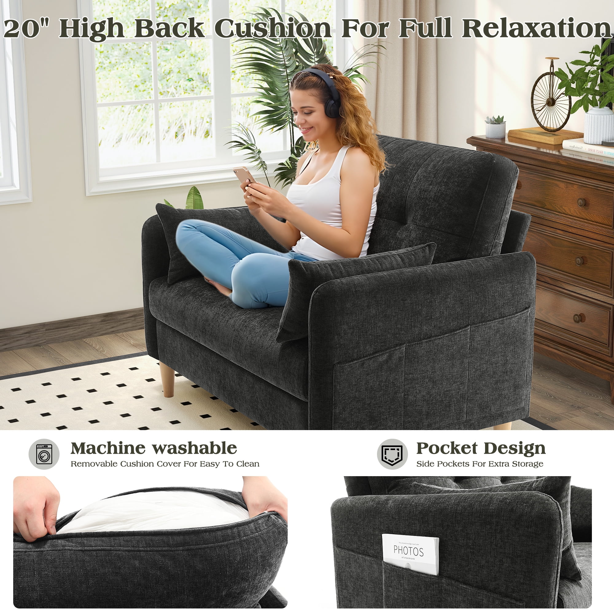 BedLuxury 47'' Wide LoveSeat, 2-seat Chenille sofa with 2 Pillows for Living Room and Small Spaces, Dark Grey