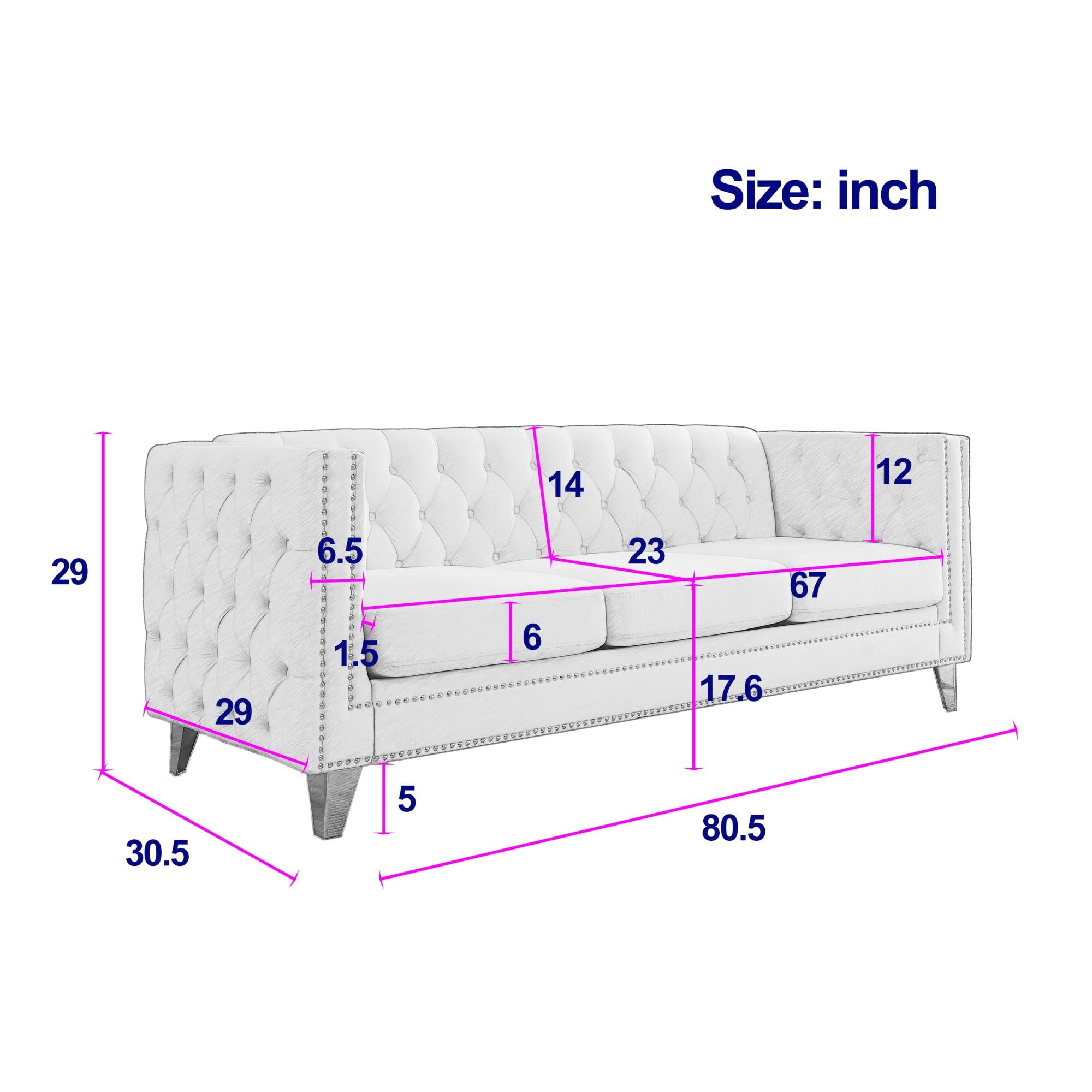 Sailvan 67" Modern Velvet Sofa, Button Tufted Chesterfield 3-Seater Couch with Nailhead Trim and Metal Legs for Living Room Gray