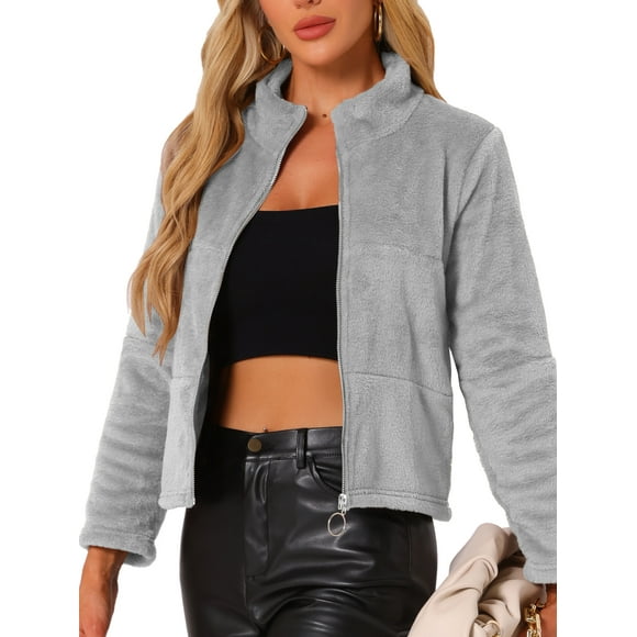 Chaqueta de forro polar recortada INSPIRE CHIC para mujeres con cuello alto y cierre de piel sintética