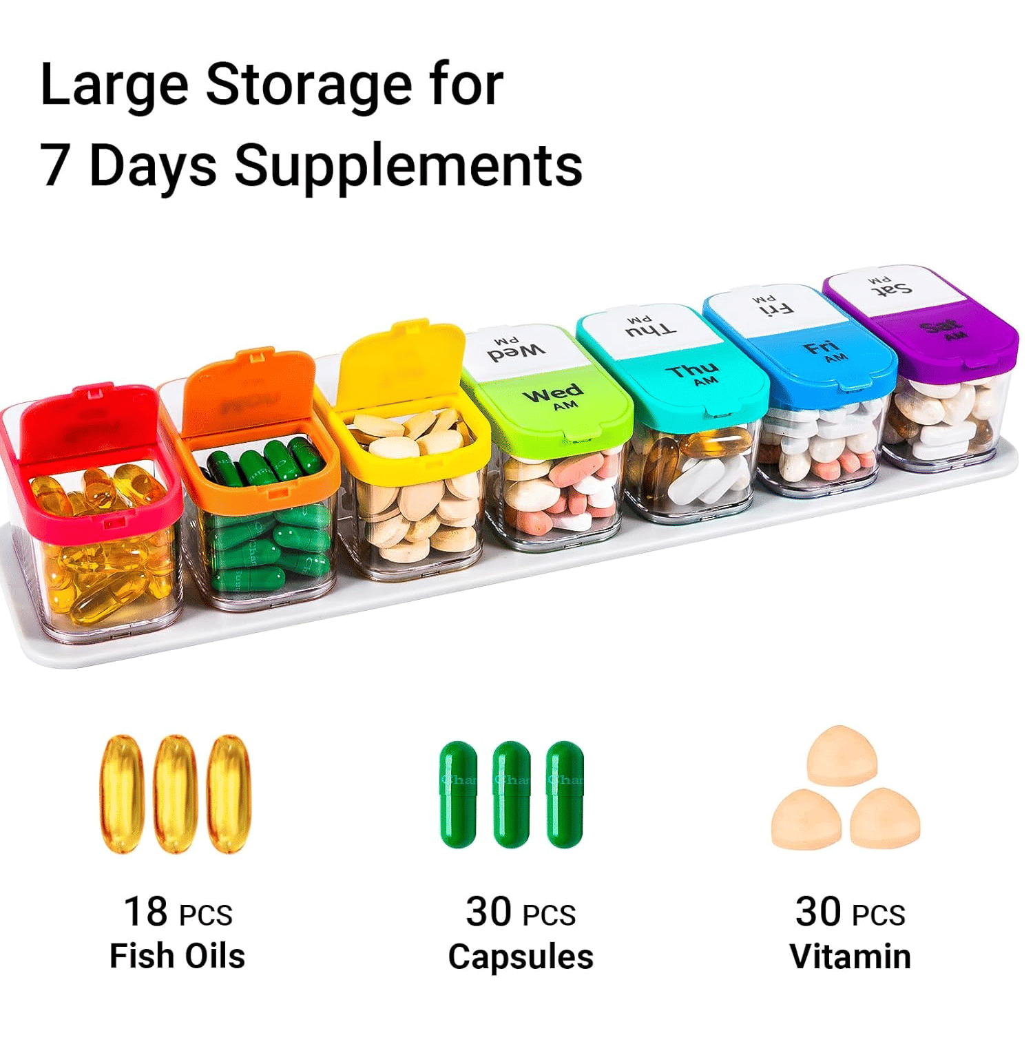 Extra Large Weekly Pill Organizer 2 Times a Day XXL 7 Day AM PM Pill Case with Large Compartments Rainbow/White Medicine Box for Vitamins Supplements & Medication