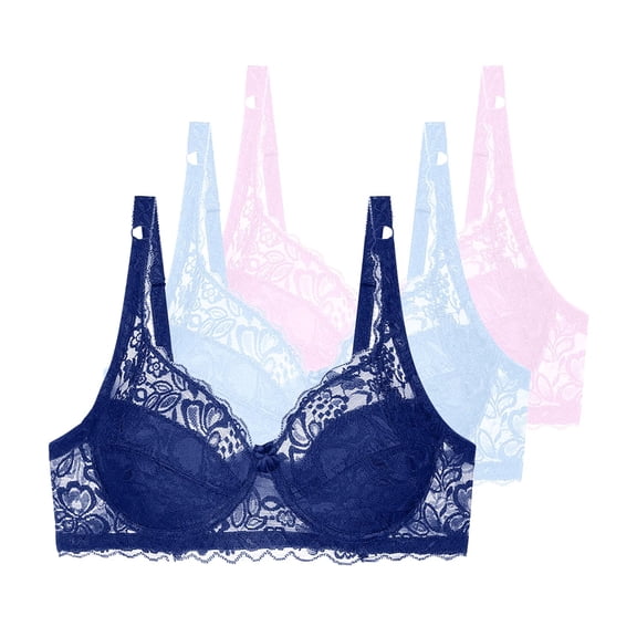 Riecok Push up Bras for Women Lace 3 Pack Underwire Bras Plus Size Full Coverage Bras Breathable Comfortable Bras