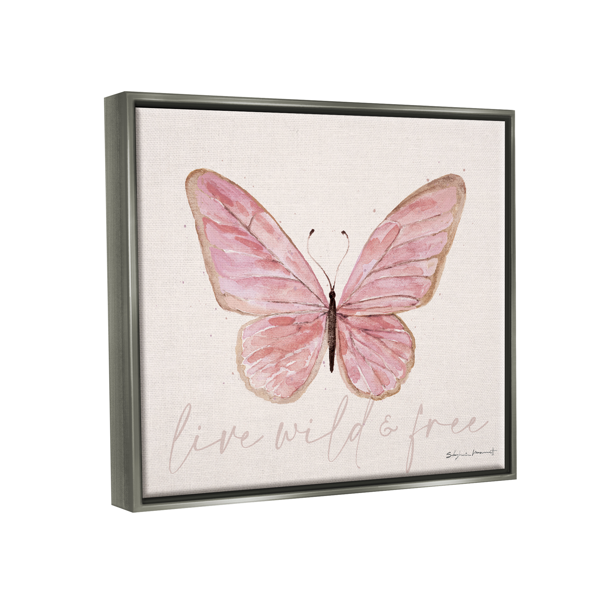 Stupell Live Wild & Free Pink Butterfly Animals & Insects Painting Gray Floater Framed Art Print Wall Art