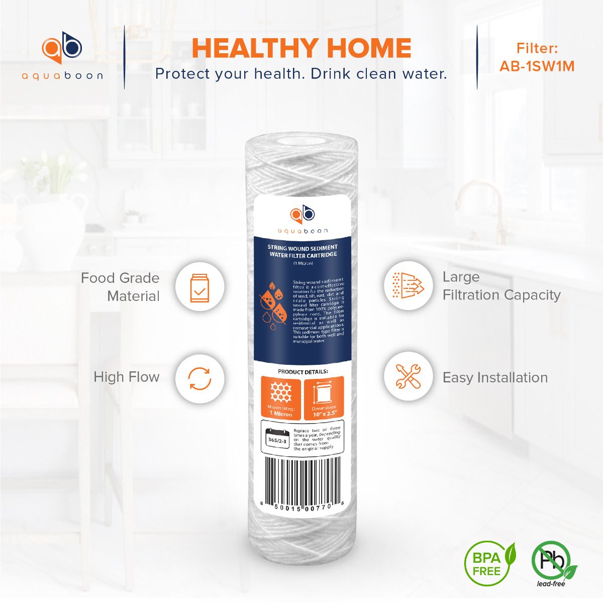 Aquaboon 1 Micron 10" x 2.5" String Wound Sediment Water Filter Cartridge | Universal Replacement for Any 10 inch RO Unit | Compatible with WFPFC4002, CW-F, PFC4002, 25-Pack