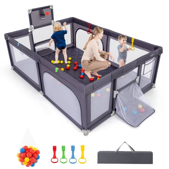 Gymax 81'' x 57'' Extra Large Playpen for Babies & Toddlers Foldable Kids Play Yard w/ Basketball Hoop