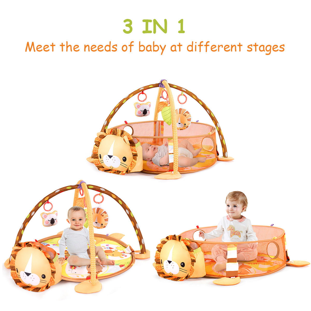 Baby Playmat 3in1 Lion Activity Play Mat With Colourful Balls & Sensory Toys 