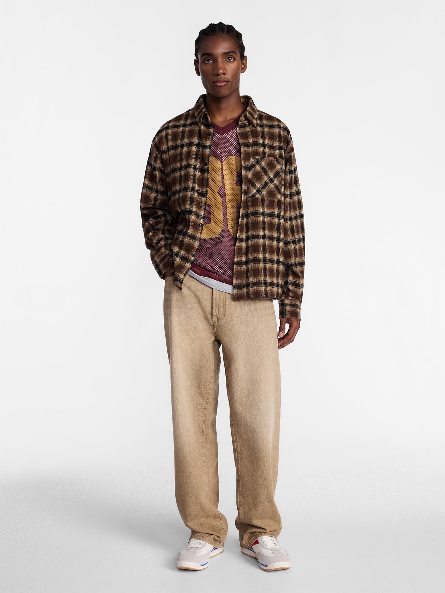 No Boundaries Boxy Cotton Plaid Flannel with Long Sleeves, Men's and Big Men's XS-4XLT