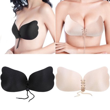 2 Pack - Mixed Colors (B-CUP) - Sexy Strapless Self Adhesive Sticky Bra Push Up Invisible Silicone Bras for Women with Drawstring Great for Events Weddings (1 Tan + 1 Black)
