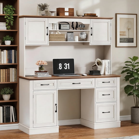 Vabches 67" H Executive Desk with Hutch and 5 Drawers, Farmhouse Computer Desk with Charging Station, File Drawer and Storage Cabinet, Wood Workstation for Home Office and Study