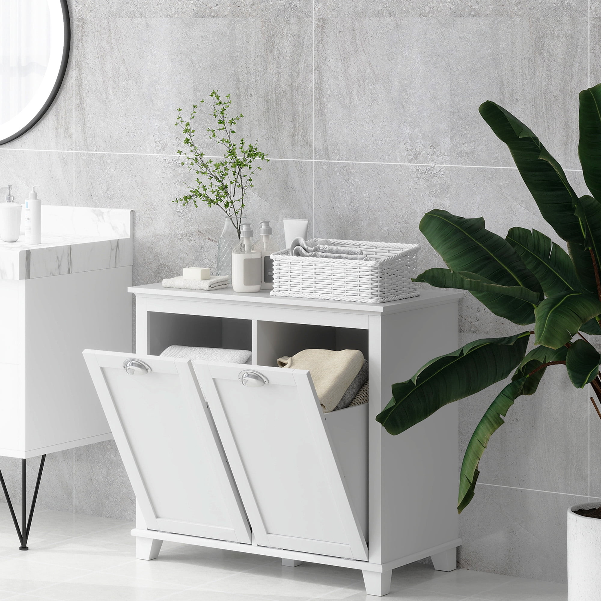 HOMCOM Tilt-Out Laundry Sorter Cabinet, Bathroom Storage Organizer with Two-Compartment Tilt-Out Hamper, White