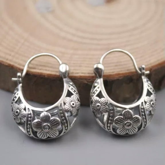 HOOUN Pure S925 Sterling Silver Hoop Women's Gift Lucky Hollow Carved Earrings