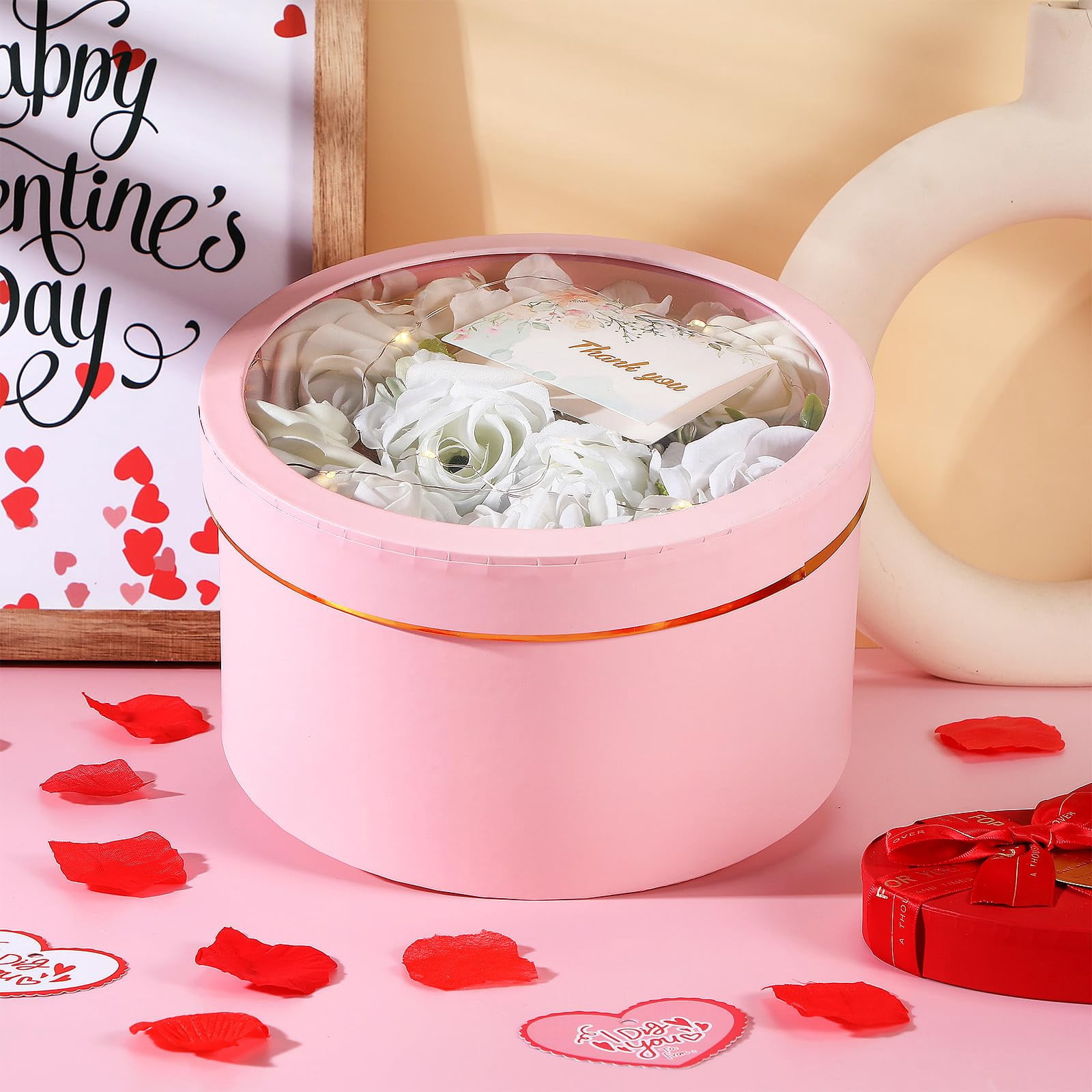 2 Round Gift Boxes With Lids Floral Foam Led Light Thank You Greeting Cards Flower Arrangements Supplies For Valentine Birthday Wedding Bridesmaid Proposal(pink)