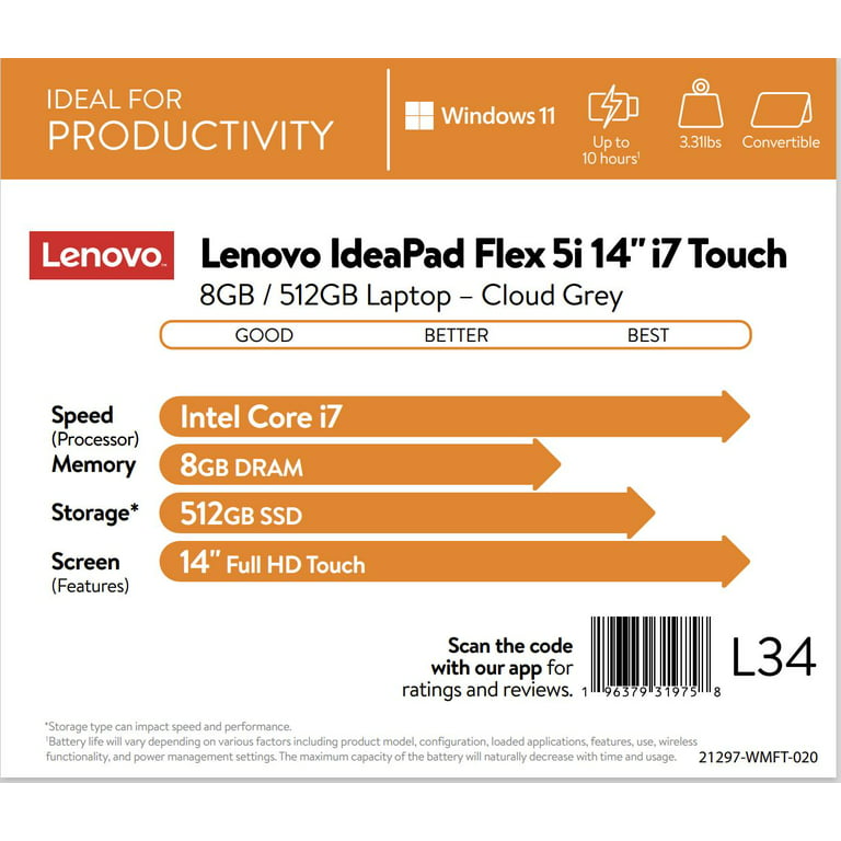 Ideapad Touchscreen SSD, Cloud Intel 5i Core Home, 8GB 82R70004US Lenovo Flex 11 Grey, RAM, 512GB 14\