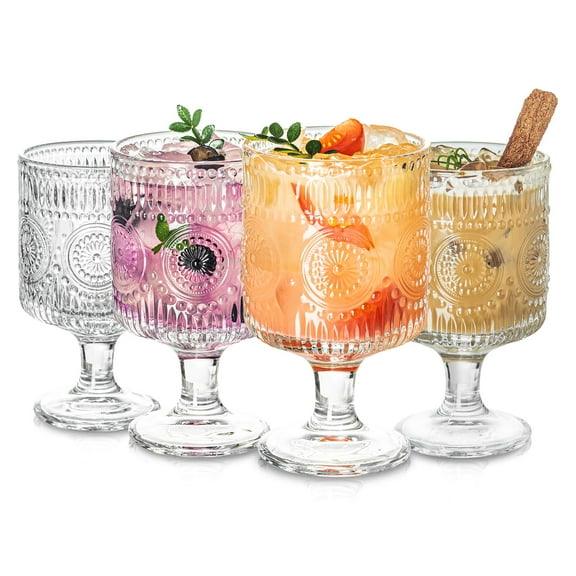 Romantic Vintage Goblet Glasses of 4, Charming Vintage Embossed Floral Decorative Glass Cups Set, Mixed Drink Glasses, for Bars, Restaurants, Party, and Elegant Dinners, 7 oz Wine Glasses