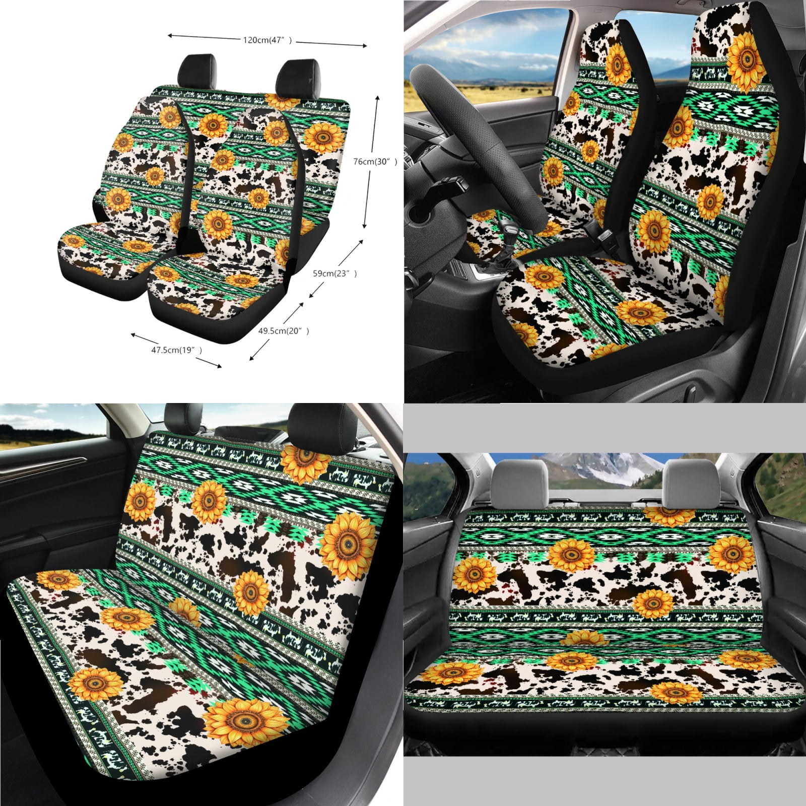 Renewold American Tribal Sunflower Cow Print Green Car Seat Covers Full Set, with Steering Wheel Safe Belt Cover Handbrake Set Coasters Garbage Bin Rear View Mirror Center Console Cover, 14 PCS
