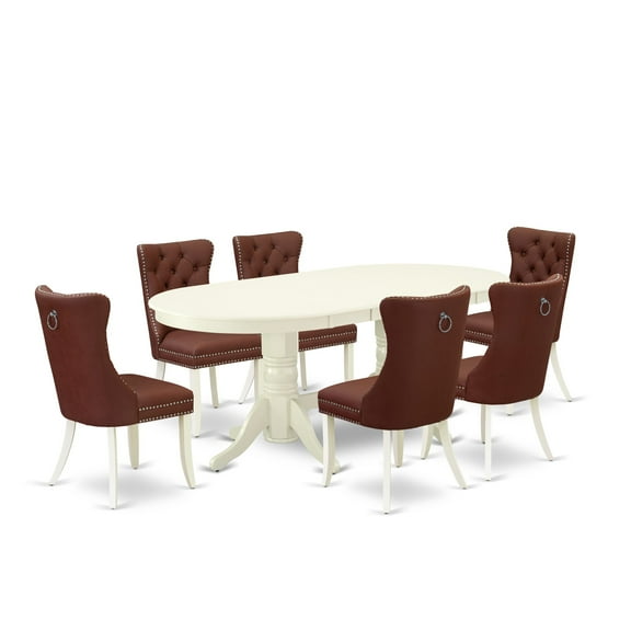 East West Furniture VADA7-LWH-26 7 Piece Dining Set Includes an Oval Kitchen Table with Butterfly Leaf and 6 Upholstered Parson Chairs, 40x76 Inch, linen white