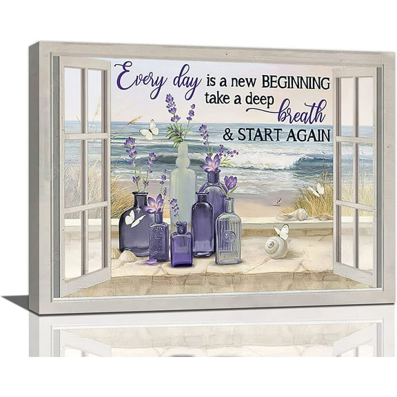 Grey Canis Lavender Flower Butterfly Window Beach Wall Art 16" x 12" Framed Canvas Prints