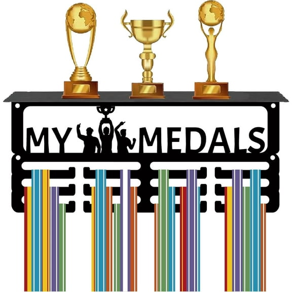 My Medals Hanger Display with Trophy Shelf Medal Holder Hanger Sports Medal Wall Mount Stand Black Metal Trophy Holder Medal Organizer Awards Rack for Gymnastics Race Soccer 11.4x5x4Inch diy