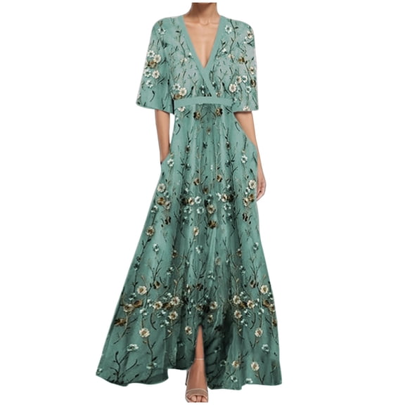 QSAWXQZ Women's Elegant Mesh Maxi Dress Floral Embroidery V Neck Short Sleeve A Line Evening Gown with Pockets Wedding Guest Gray 3XL